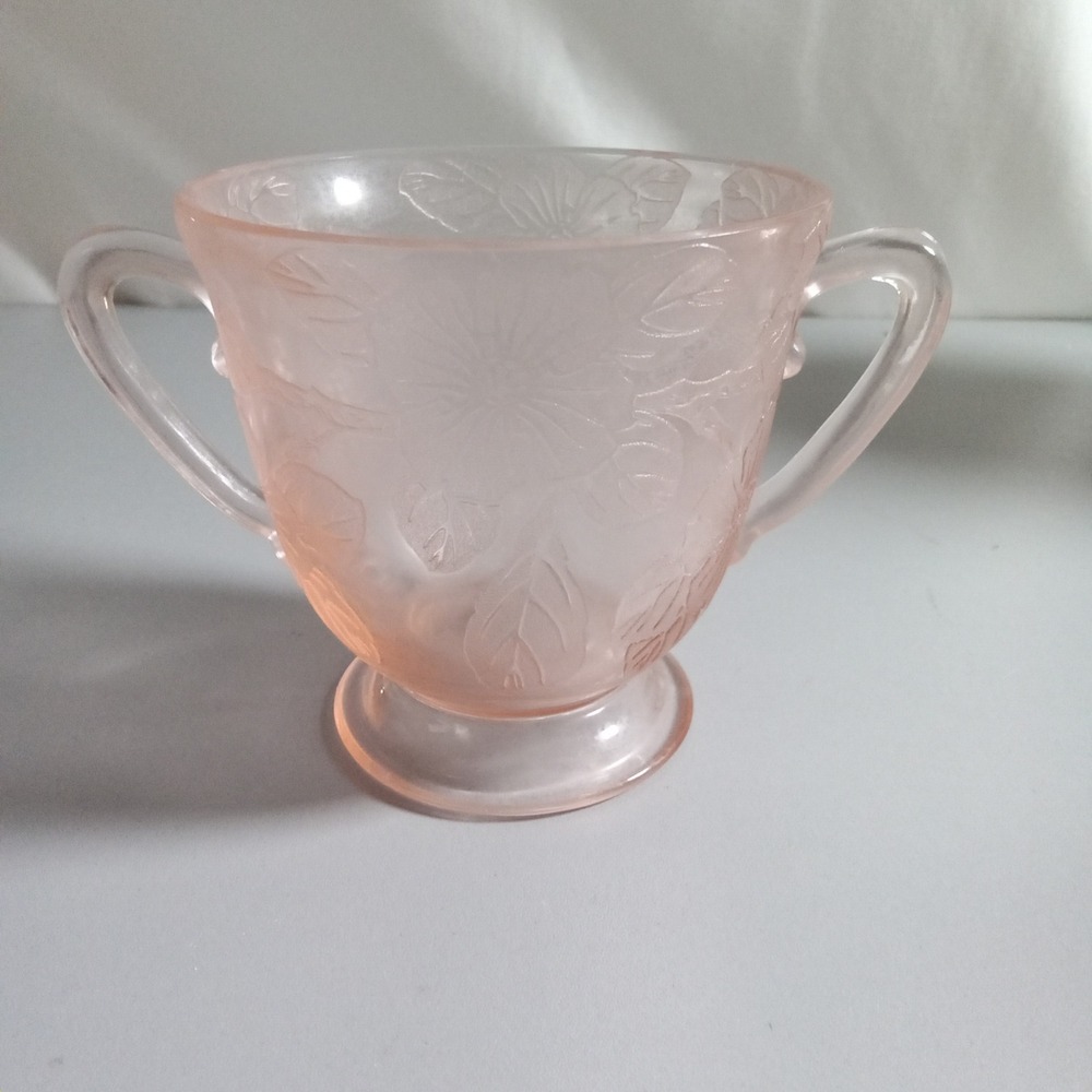 Jeanette Glass Pink Depression Glass Wildflower Sugar Bowl Double Handled Footed